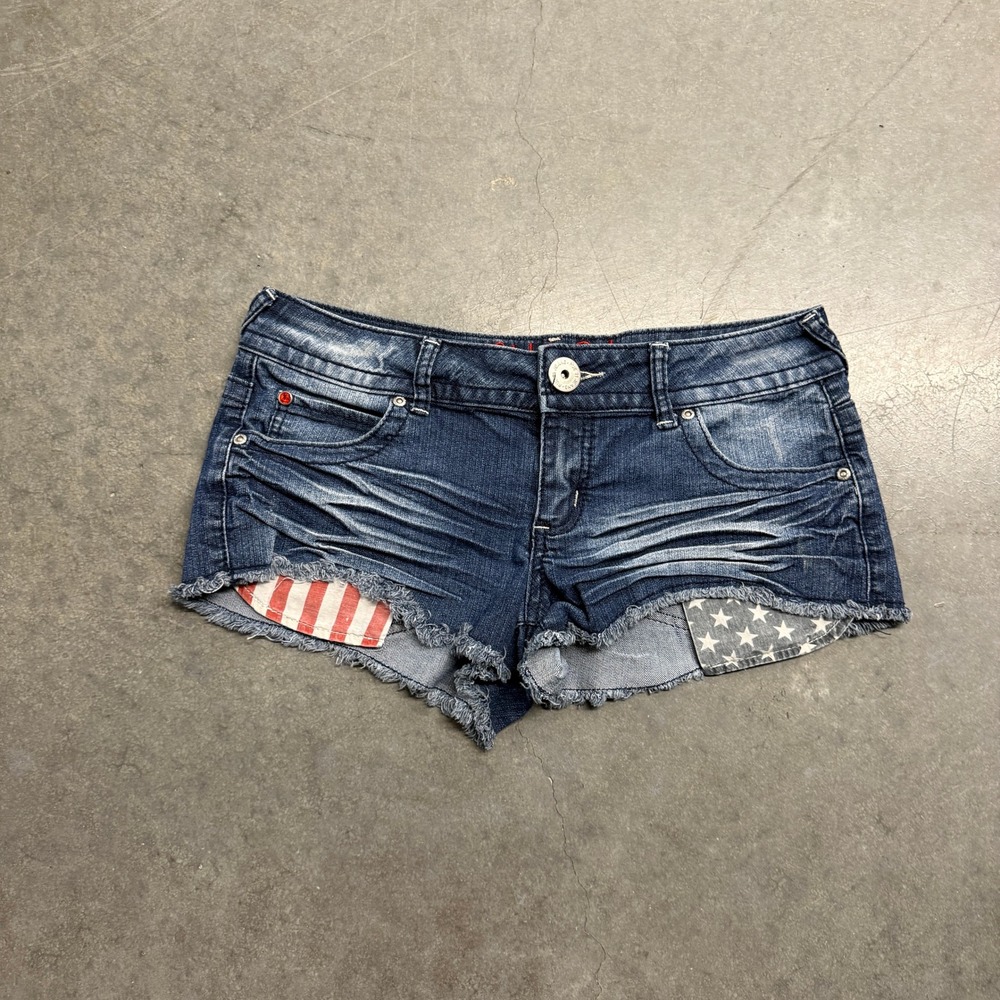 Rue21 Womens Americana Denim Shorts Dark Wash Stars Stripes Frayed Hem Size 7/8